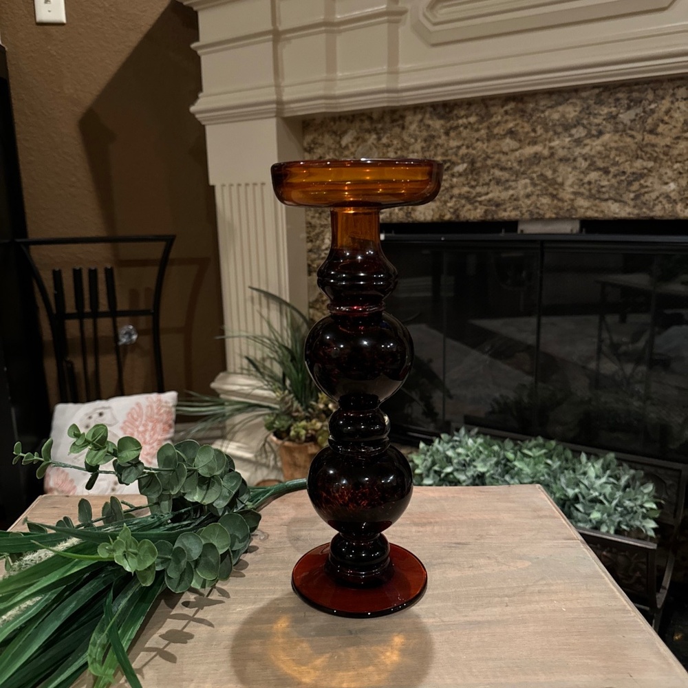 Hand Blown Amber And Tortoise Shell Design Glass Candle Holder Taper/ Pillar